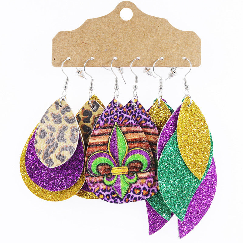 Wholesale explosions Carnival earrings multi-layer sequins water droplets leopard leather earrings set earrings spot