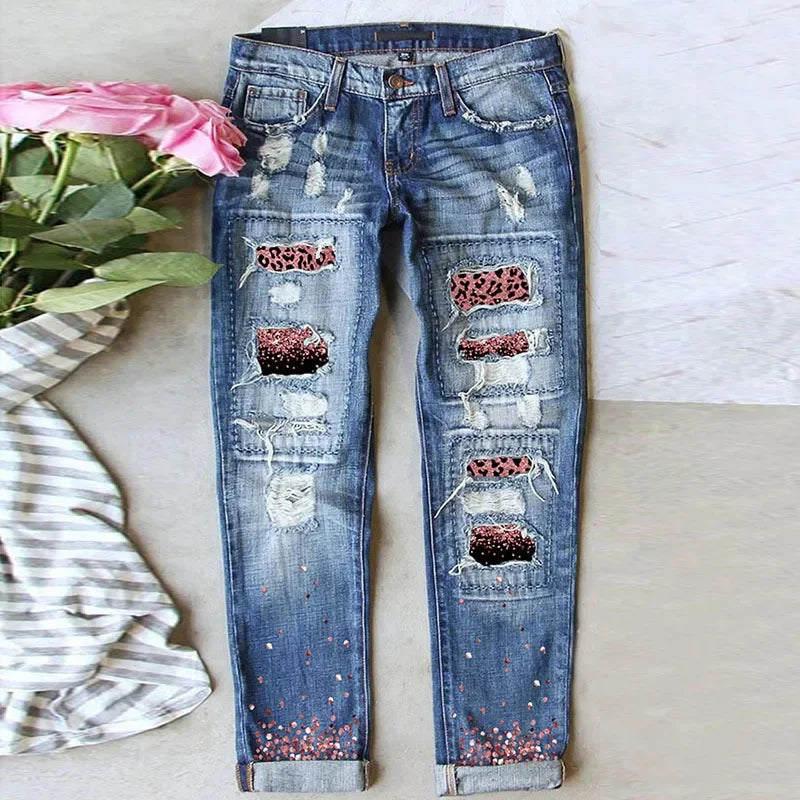 Wholesale Leopard Print Hole Print Pants Casual Loose Washed Jeans