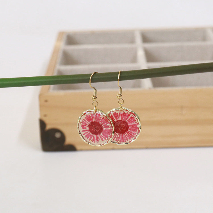 Wholesale new 6pcs/pack resin dried flower irregular round gold earrings creative real flower fashion earrings