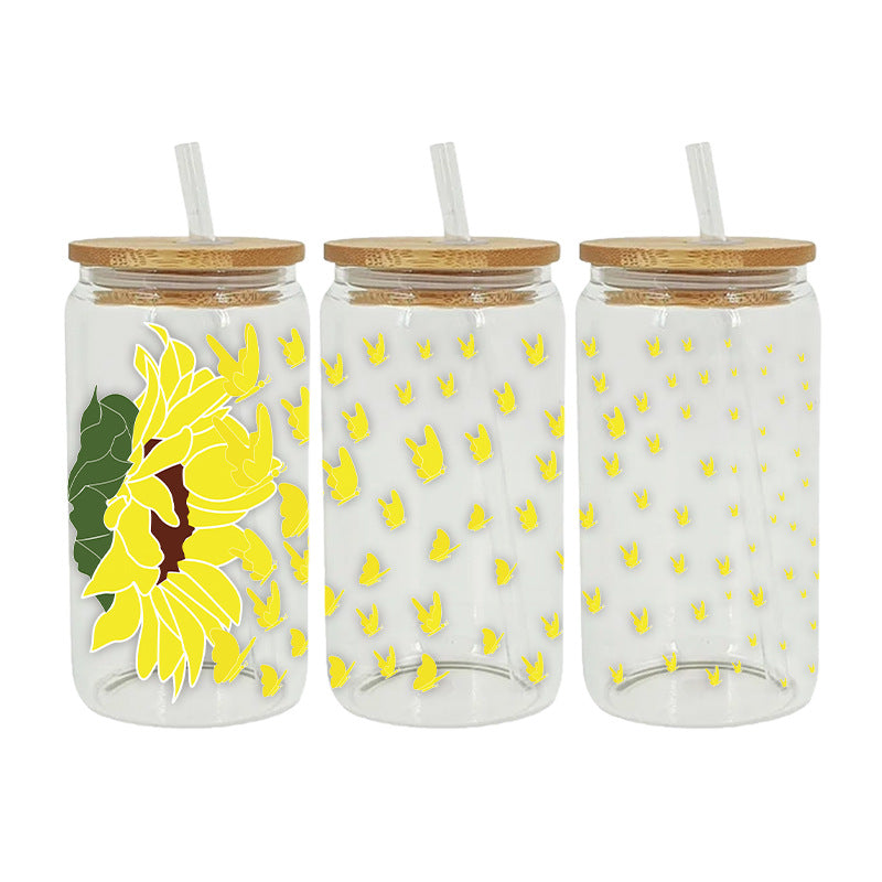 Wholesale Yellow Sunflower Butterfly 16oz Cup UV DTF Wraps