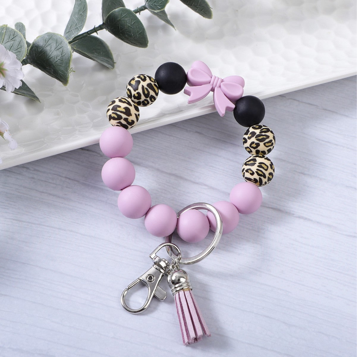 Wholesale Colorful Bow Leopard Print Silicone Beaded Tassel Bracelet Keychain