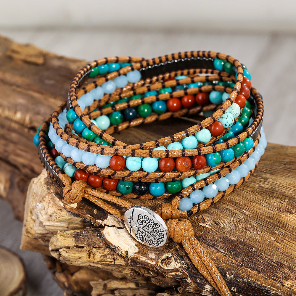 Wholesale Multi-layer Winding Black Cholesteryl Crystal Beads Natural Turquoise Hand-woven Bracelet