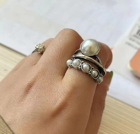 Wholesale Retro Creative New Large Pearl Inlaid Diamond Open Ring
