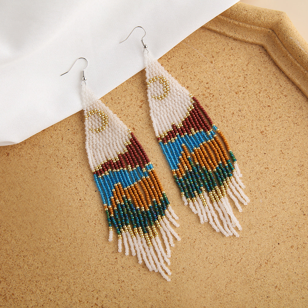Wholesale Bohemian Handwoven Star Moon Series Rice Beads Tassel Earrings