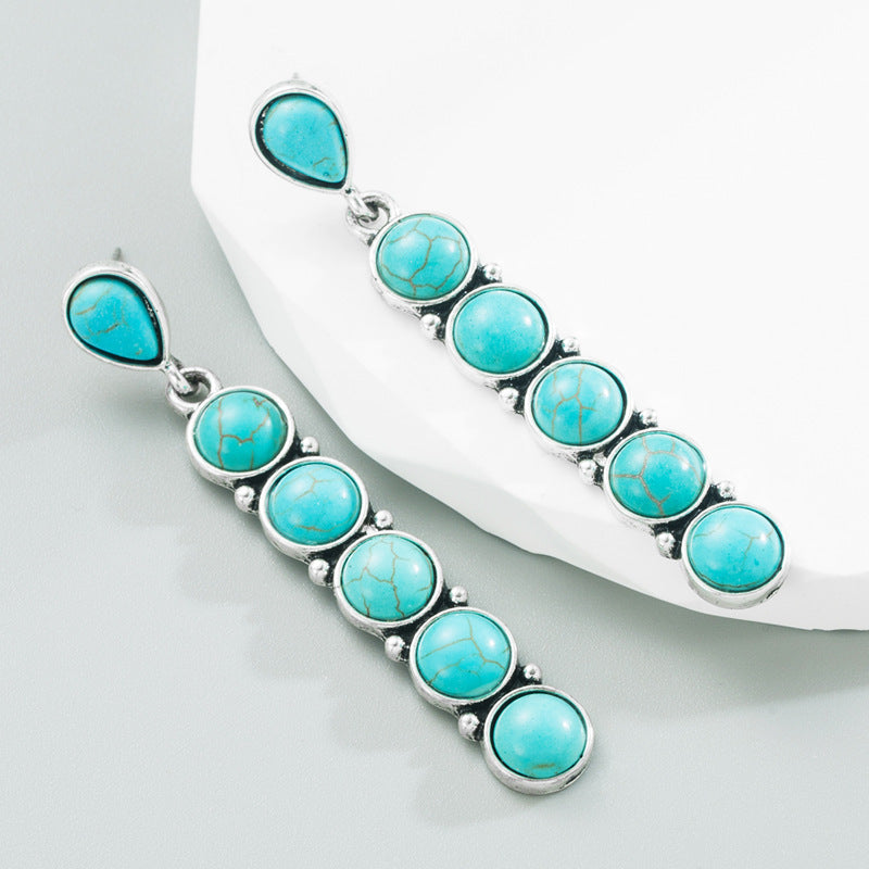 Wholesale Turquoise antique silver round stone creative long earrings
