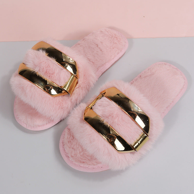 Wholesale Round Toe Metal Buckle Word Cotton Wool Slippers