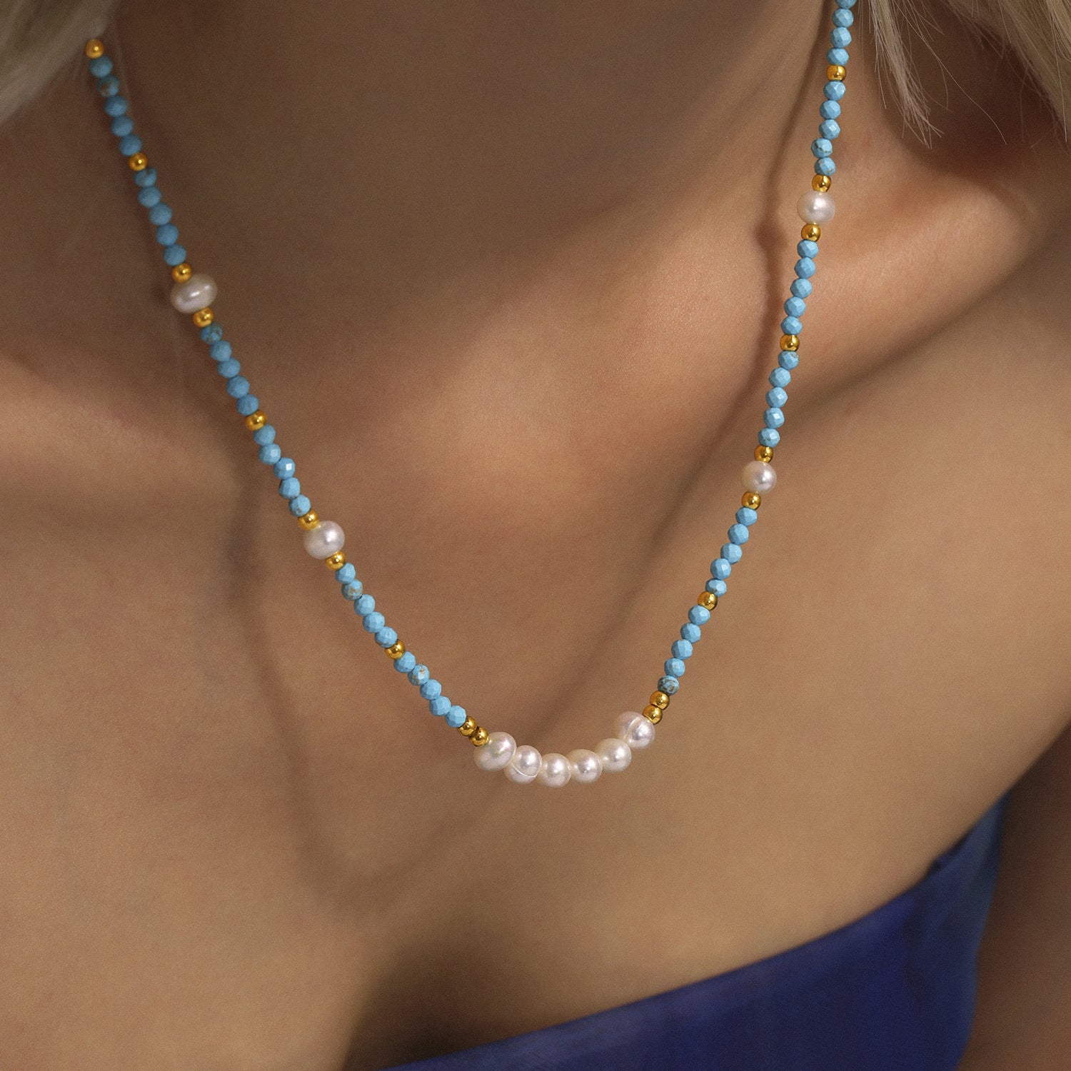 Wholesale Blue turquoise handmade beaded natural freshwater pearl necklace bracelet new set