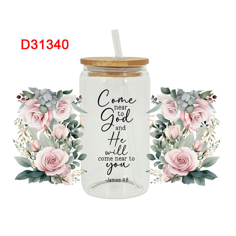 Wholesale Beautiful colorful flowers  16oz Cup UV DTF Wraps