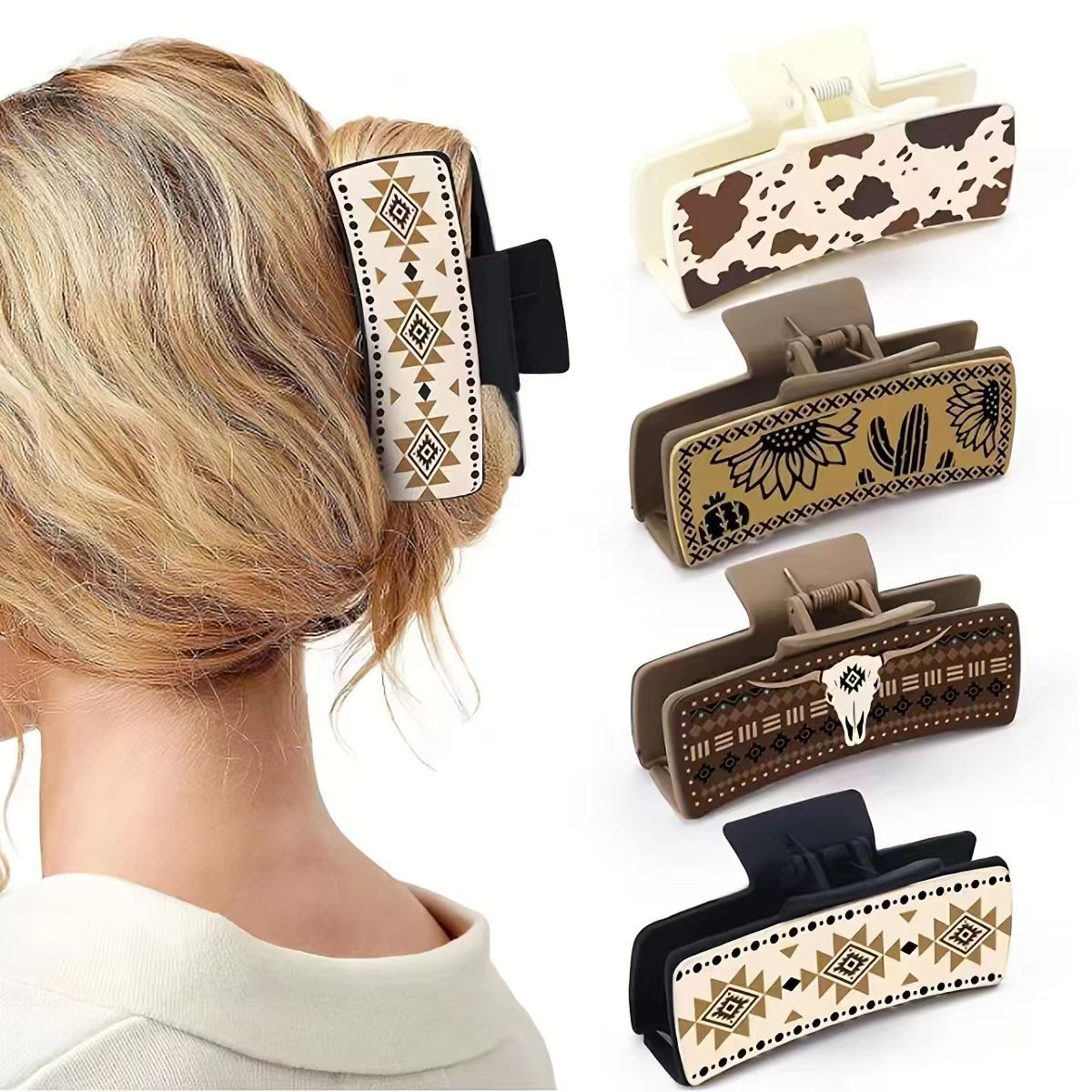 Wholesale Women S Hair Claw Clip Western Cowboy Cactus Cattle Head Design Artificial Leather Hair Accessory For Everyday Styling