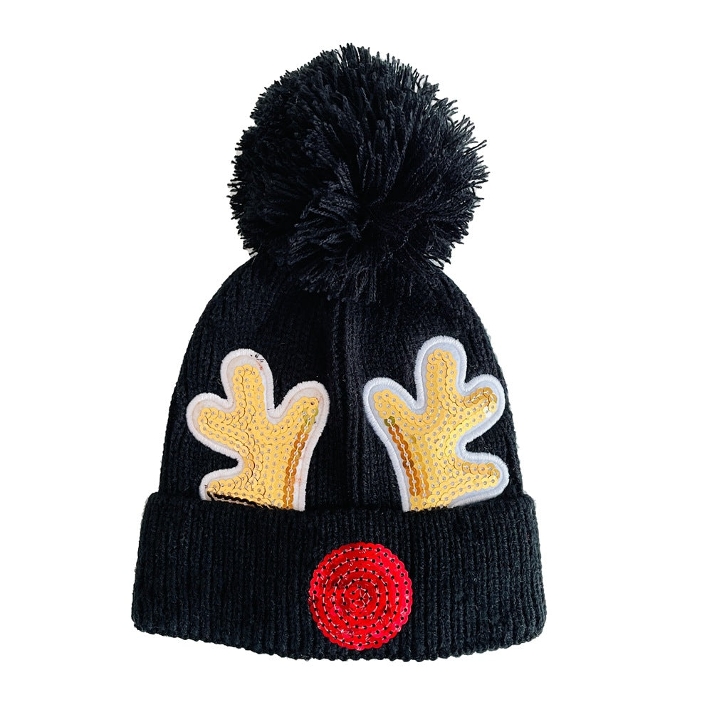Wholesale 2-5 Year Old Children's Winter Warm Woolen Hat Christmas Hat Sequined Elk Antler Knitted Hat