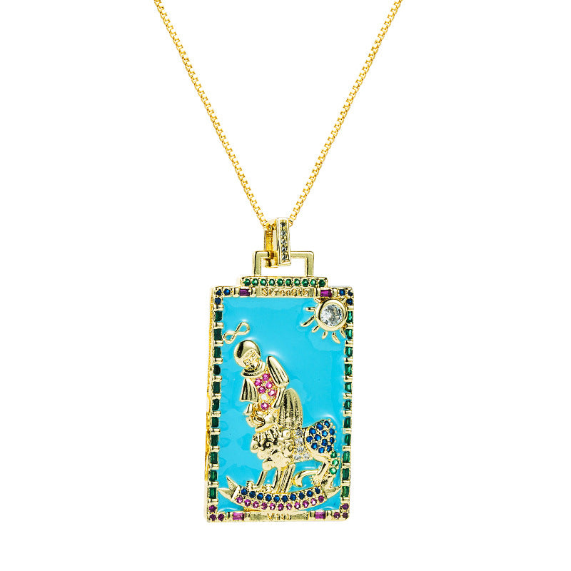 Wholesale Zircon Oil Drop Tarot Pattern Square Pendant Necklace