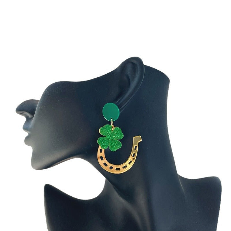 Wholesale St. Patrick's Day Irish Carnival Green Acrylic Glitter Clover Earrings