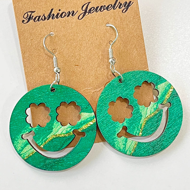 Wholesale St. Patrick's festival green March jewelry wooden simple hollow earrings