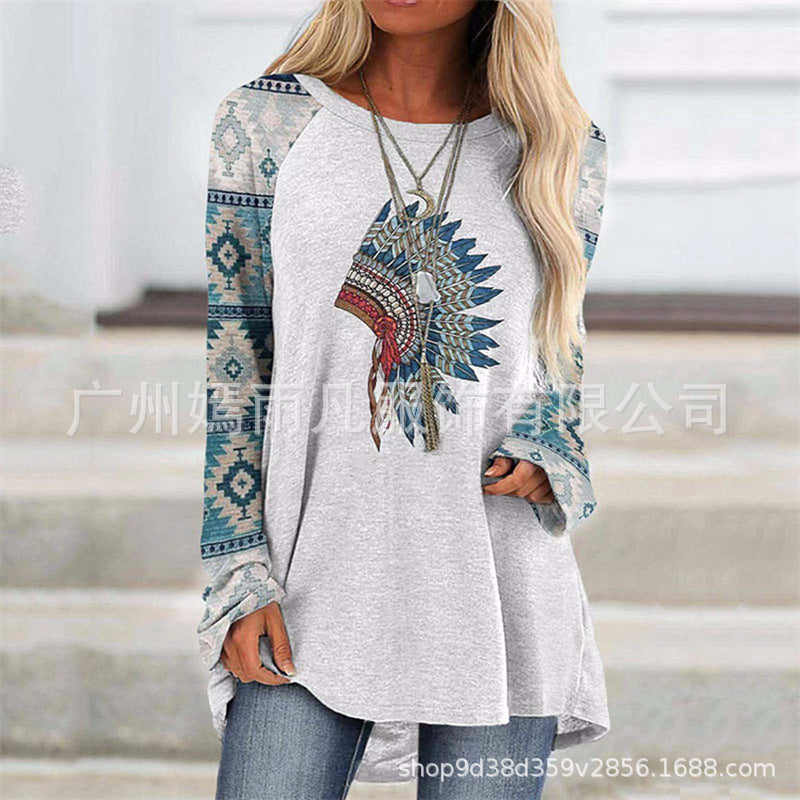 Wholesale Printed Round Neck Western Style Raglan Sleeve Loose T-Shirt