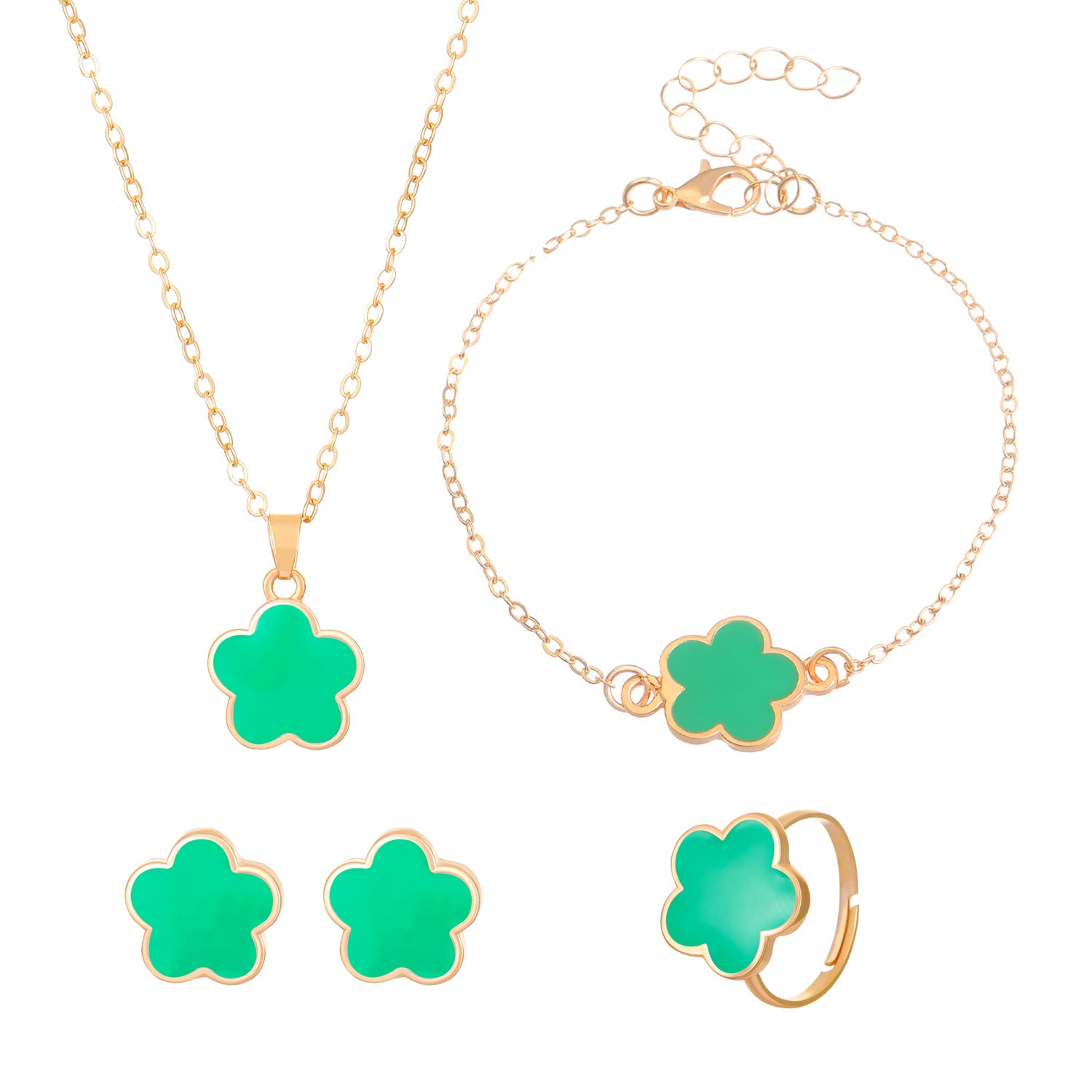Wholesale Simple petal necklace five-leaf flower bracelet ring earrings 4-piece set