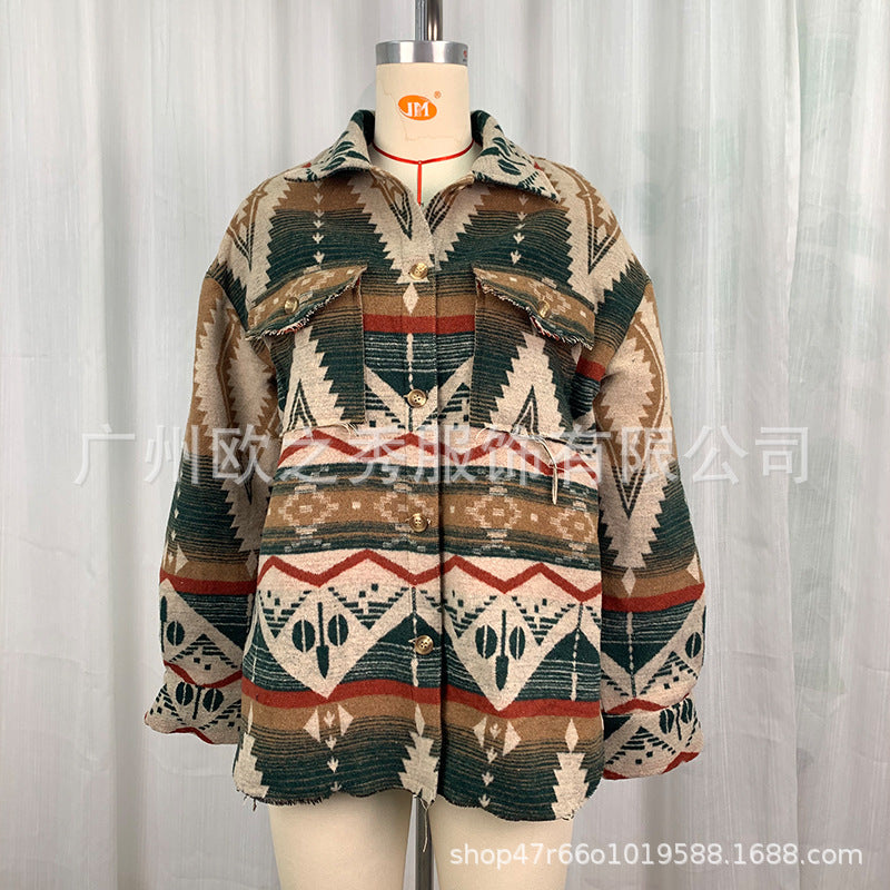 Wholesale European and American Autumn and Winter Jackets, Thickened Retro Aztec Printed Woolen Women Clothes