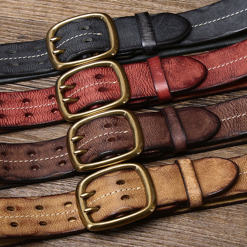 Wholesale Retro Trendy Distressed Double Pin Buckle Genuine Leather Belt