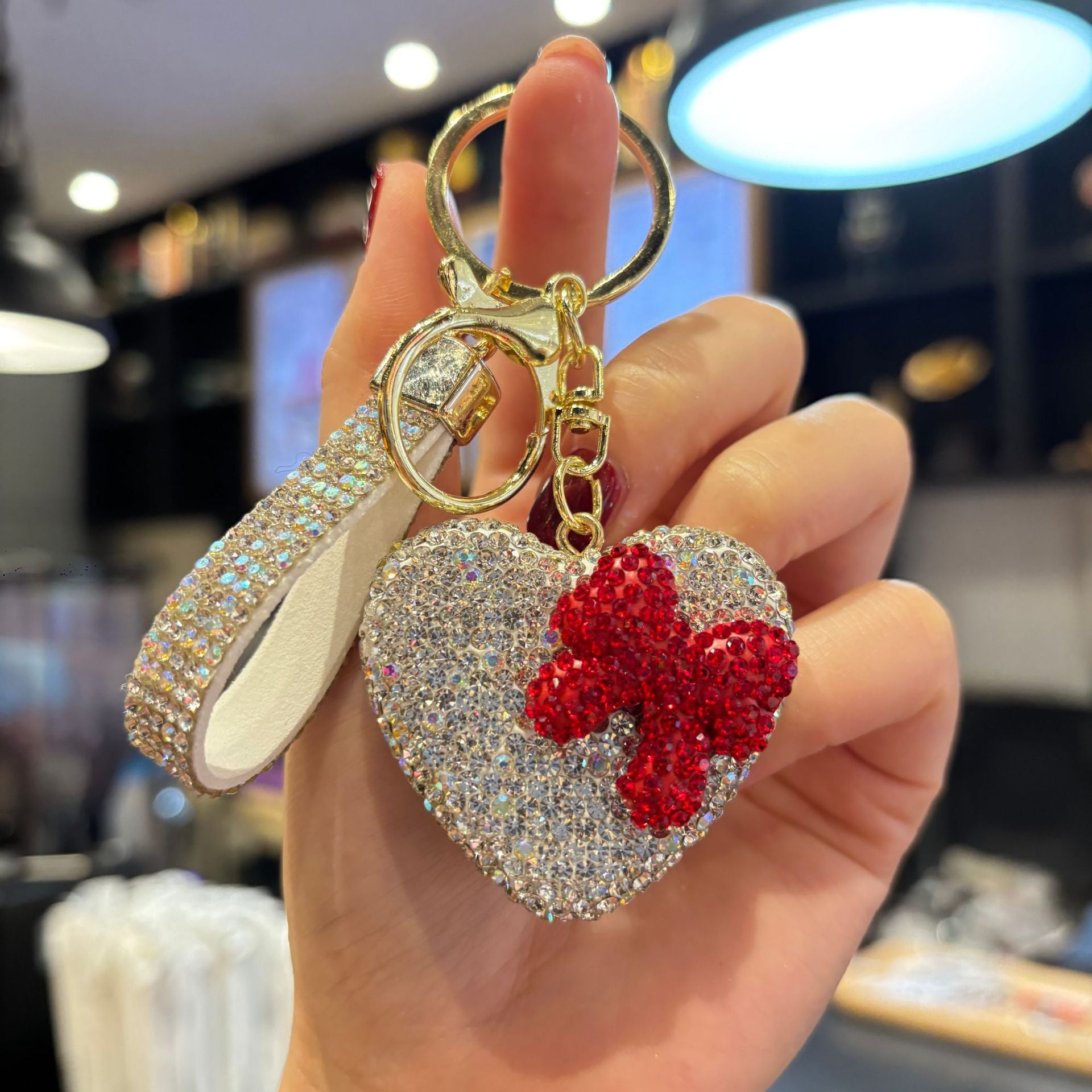 Wholesale Full rhinestone heart-studded bow keychain