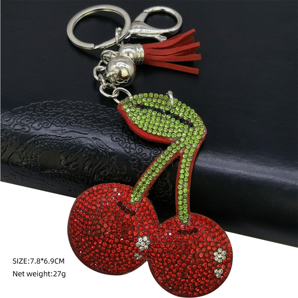 Wholesale 4pcs Diamond studded hot pressed cherry Rhinestone Keychain