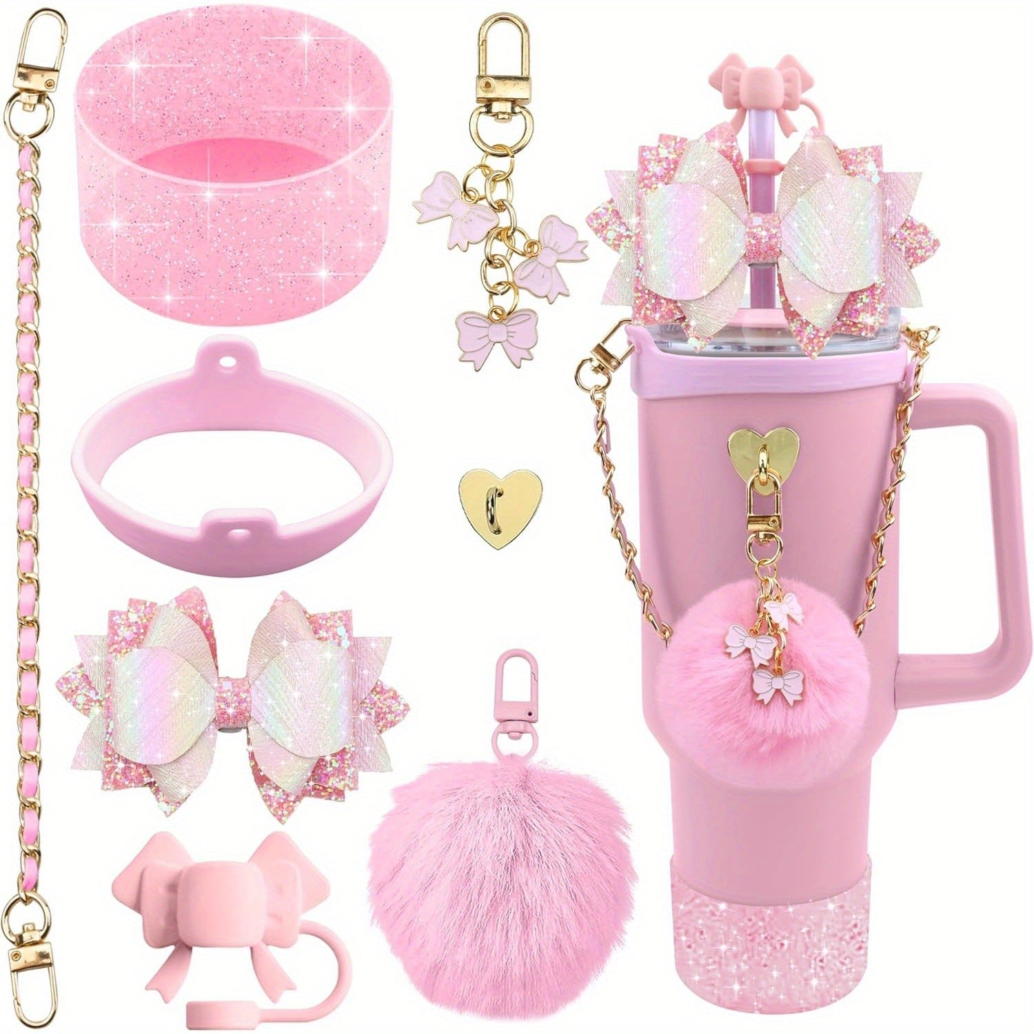 Wholesale mug accessories portable chain bow straw decorative silicone cup set cup chain flower pendant