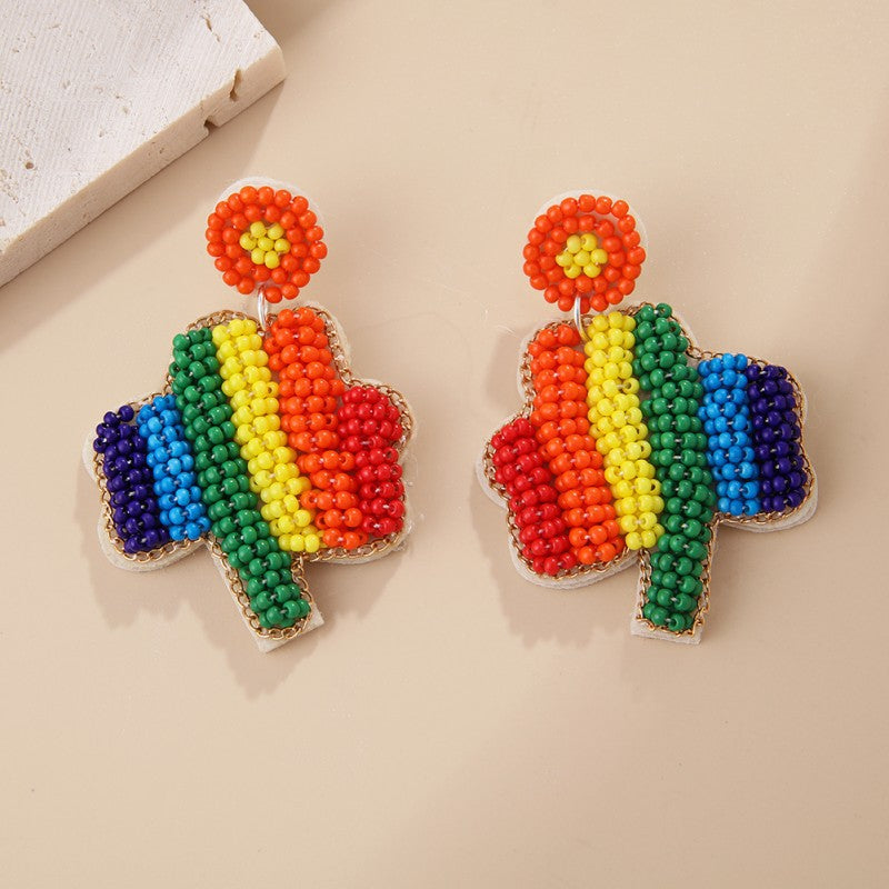 Wholesale San Pa Festival Clover Fabric Rice Bead Festival Hand-sewn Earrings