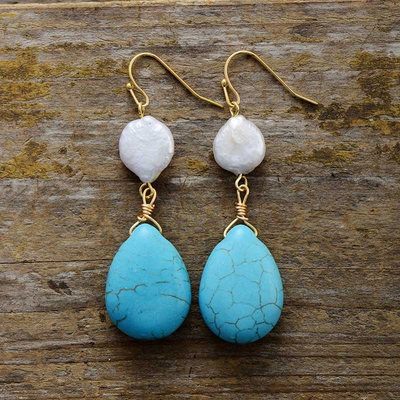 Wholesale Bohemian Turquoise Water Drop Pearl Natural Stone Pendant Earrings
