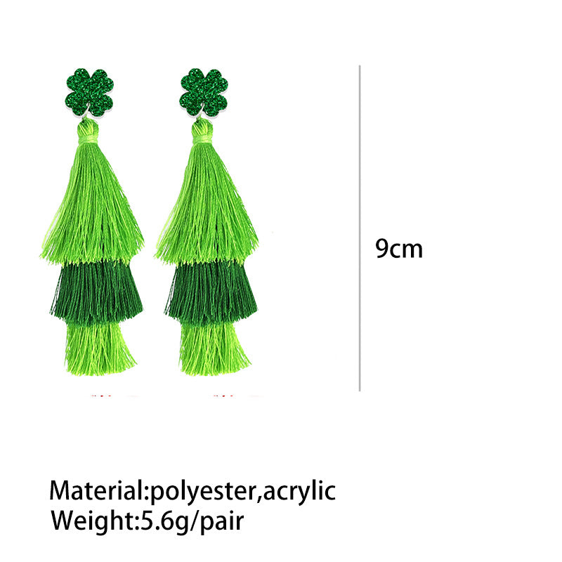 Wholesale St. Patrick's Green Festive Atmosphere Multi-layered Tassel Four-leaf Clover Earrings
