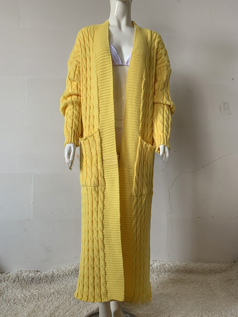 Wholesale Long Knitted Sweater Jacket Cardigan Pocket Long Sweater Thickened Jacket