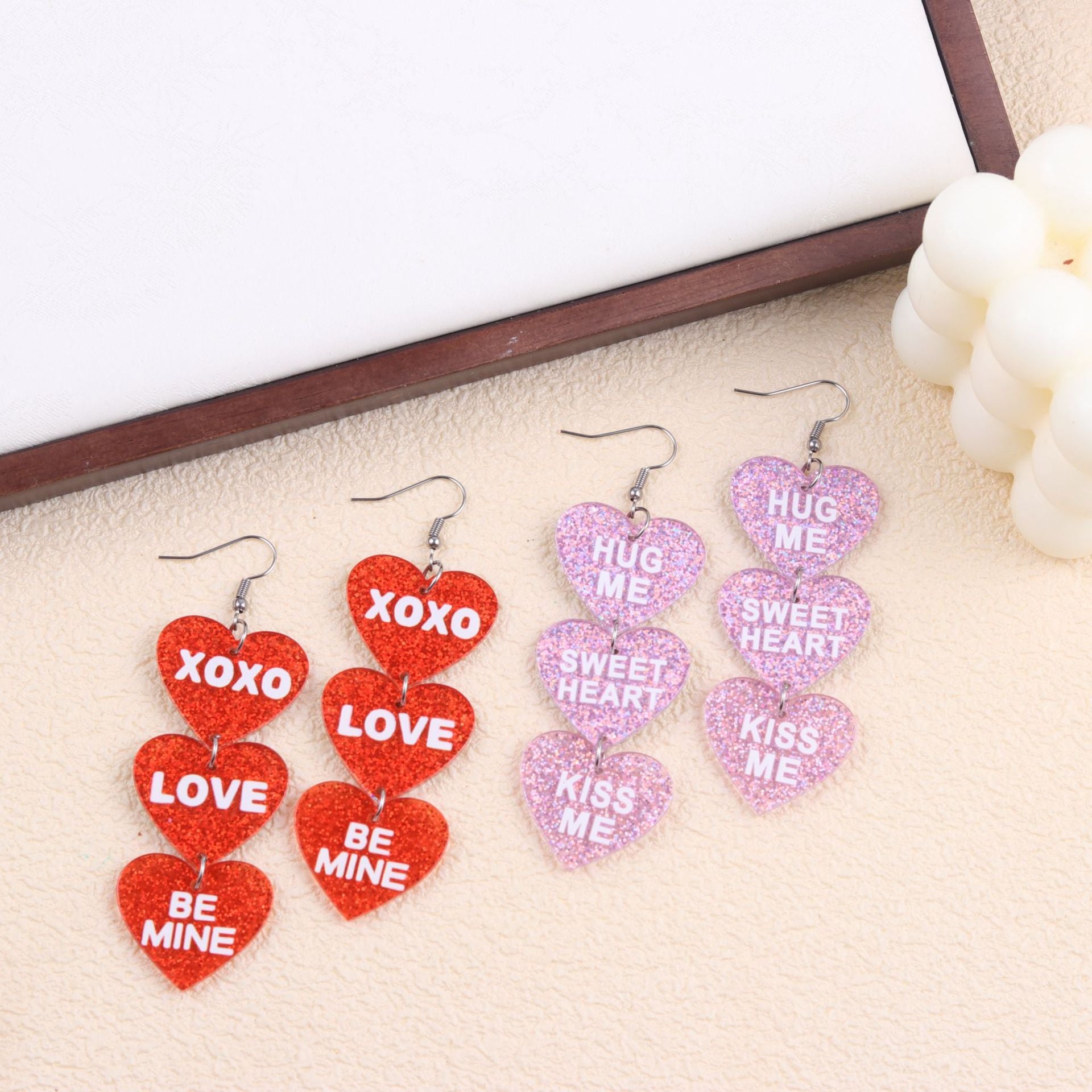Wholesale Valentine' s Day Flash Three in One Heart Letter Acrylic Earrings