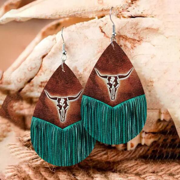 Wholesale Western Style Retro Water Drop Shaped Tassel Cow Head Earrings