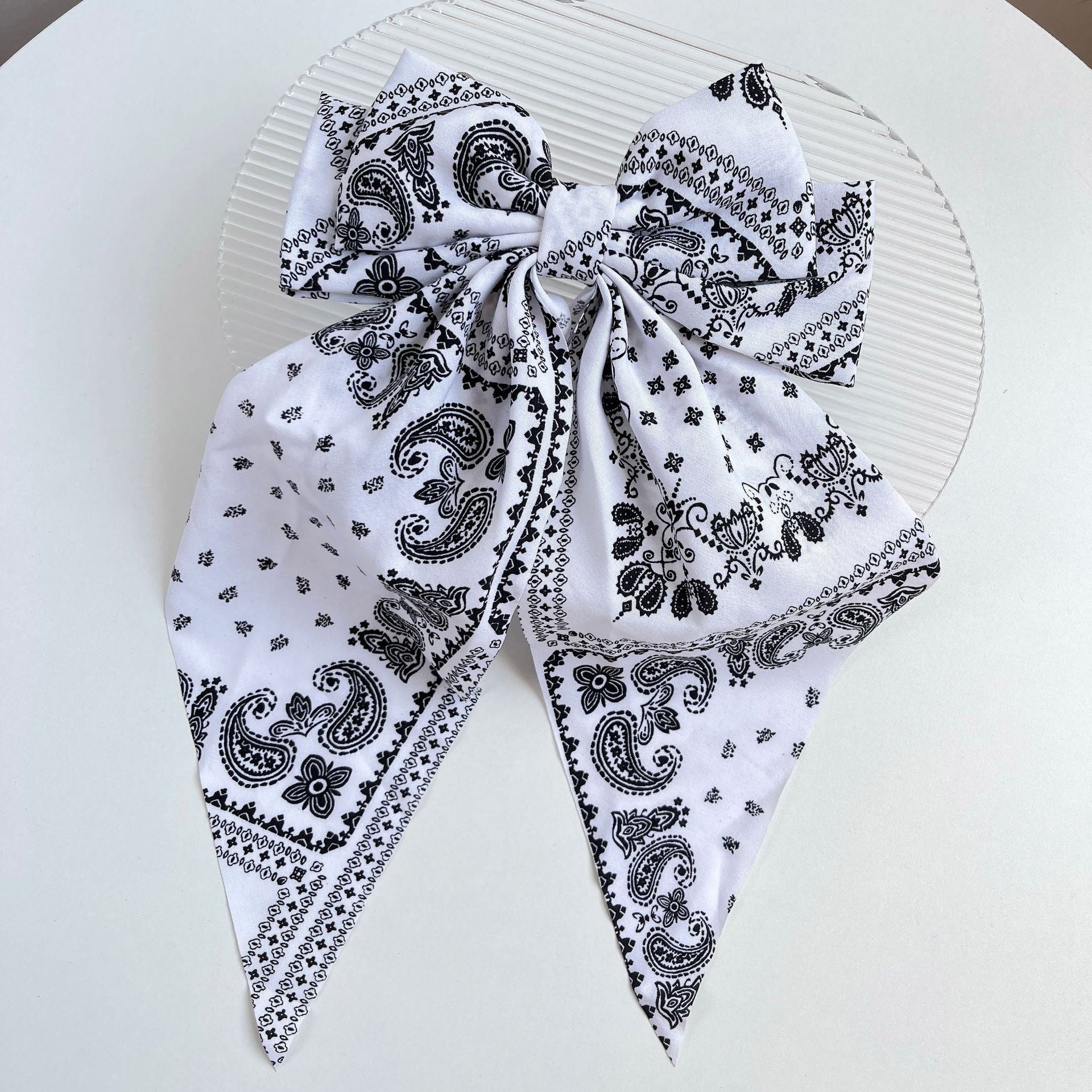 Wholesale Retro Printed Large Streamer Bow Back Head Spring Clip