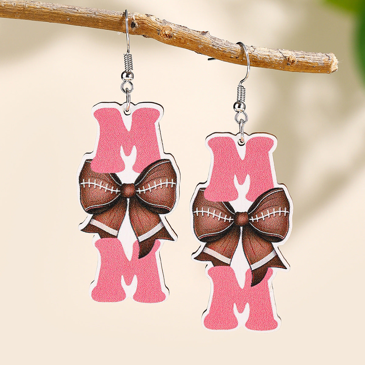 Wholesale Mother' s Day Wooden Earrings Sports Baseball Shiny Earrings Bow Jewelry