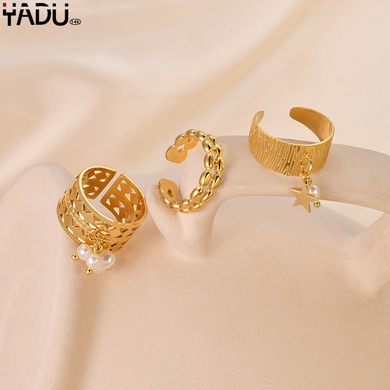 Wholesale French Vintage Irregular Pearl Ring For Women Stainless Steel Hollow Adjustable Chic Jewelry Accessory
