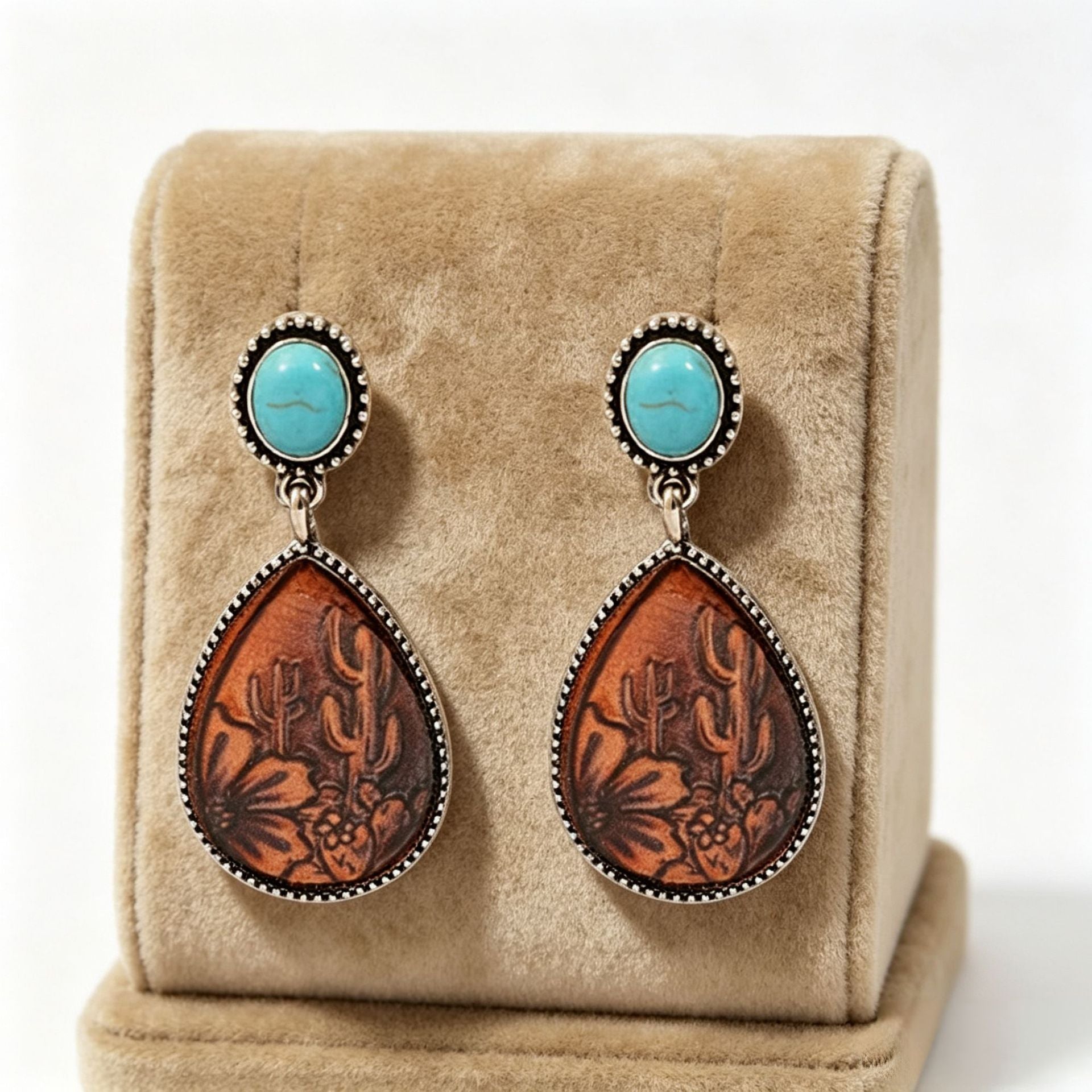 Wholesale Retro Western Turquoise Cactus Drop Earrings Antique Silver Finish Jewelry Accessory For Resale
