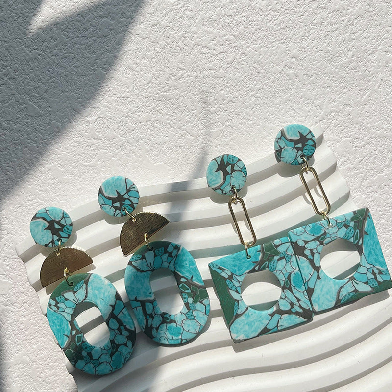 Wholesale Turquoise Geometric Metal Spliced Polymer Clay Earrings