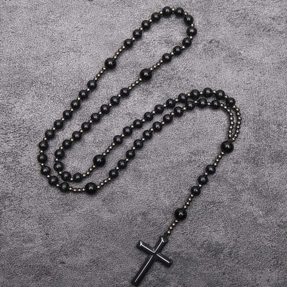 Wholesale Wooden Beads Black Gallstone Cross Religious Long Rosary Necklace