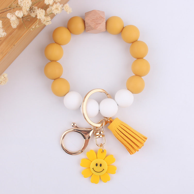 Wholesale Cartoon Sunflower Silicone Beaded Wrist Keychain