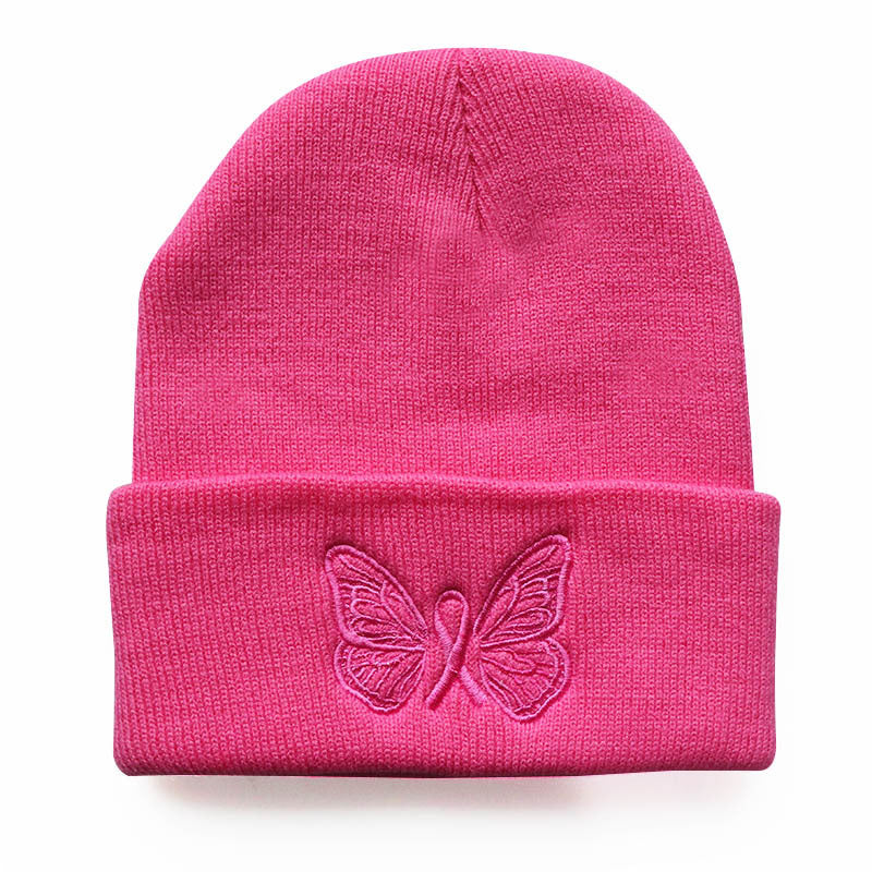 Wholesale Autumn and Winter Trend Pink Cute Butterfly Embroidery Warm Pullover Student Beanie