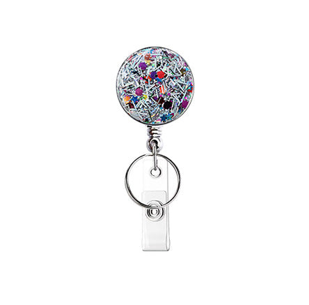Wholesale Badge Reels UV Electroplated Resin Glitter Sequins Epoxy Badge Reel Retractable Keychain