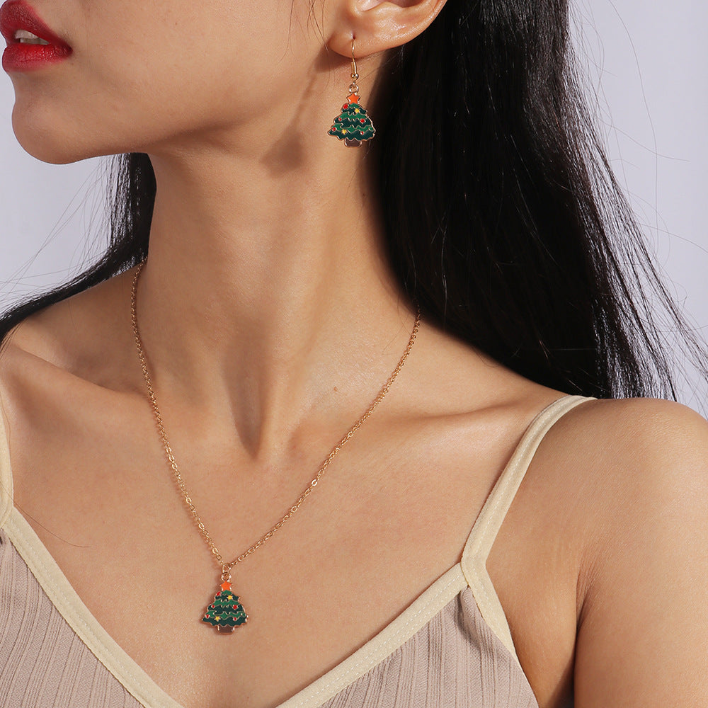 Wholesale Christmas Elk Cane Christmas Tree Snowman  Alloy Necklaces Set