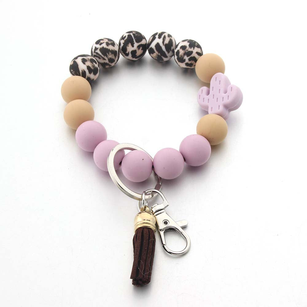 Wholesale Silicone Food Grade Wooden Beads Cartoon Tassel Wrist Keychain