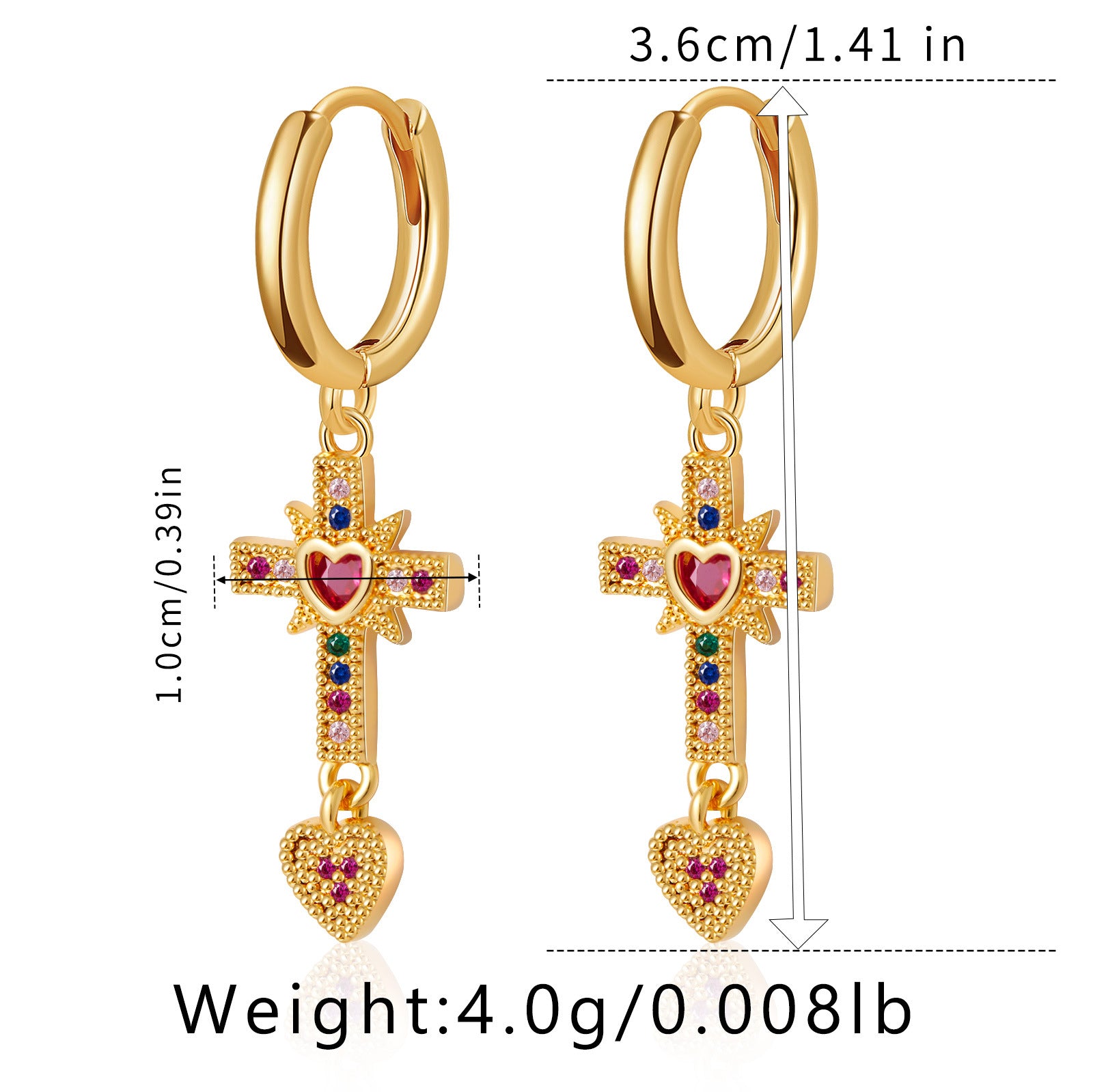 Wholesale Cross Real Gold Plating Inlaid Colored Zircon Love Earrings