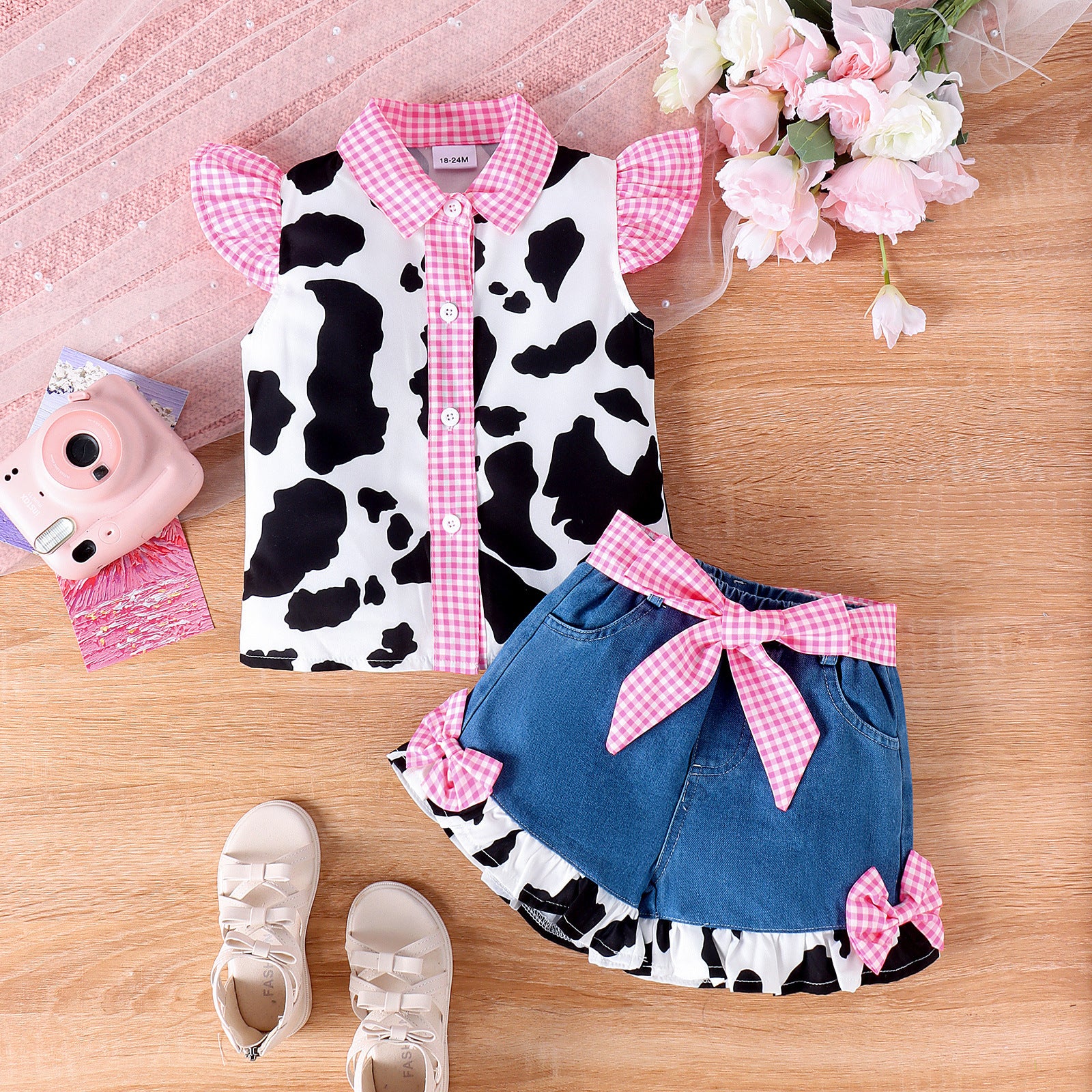 Wholesale Summer Cow Print Patchwork Plaid Baby Clothes