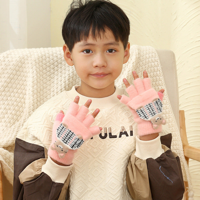 Wholesale Winter Thickened Children's Cartoon Panda Half Finger Flip Gloves