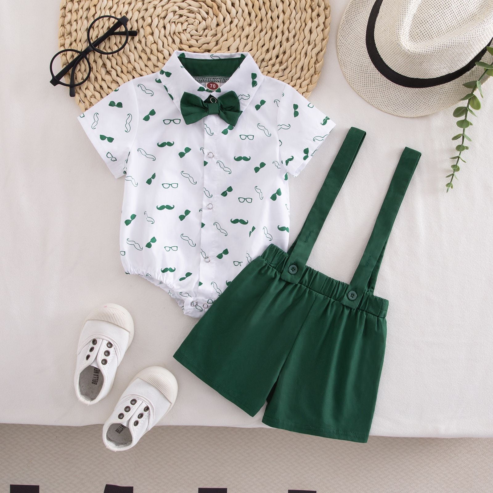 Wholesale Stylish Korean Style Baby Boy Summer Outfit Two Piece Set Printed Short Sleeve Top And Suspender Pants