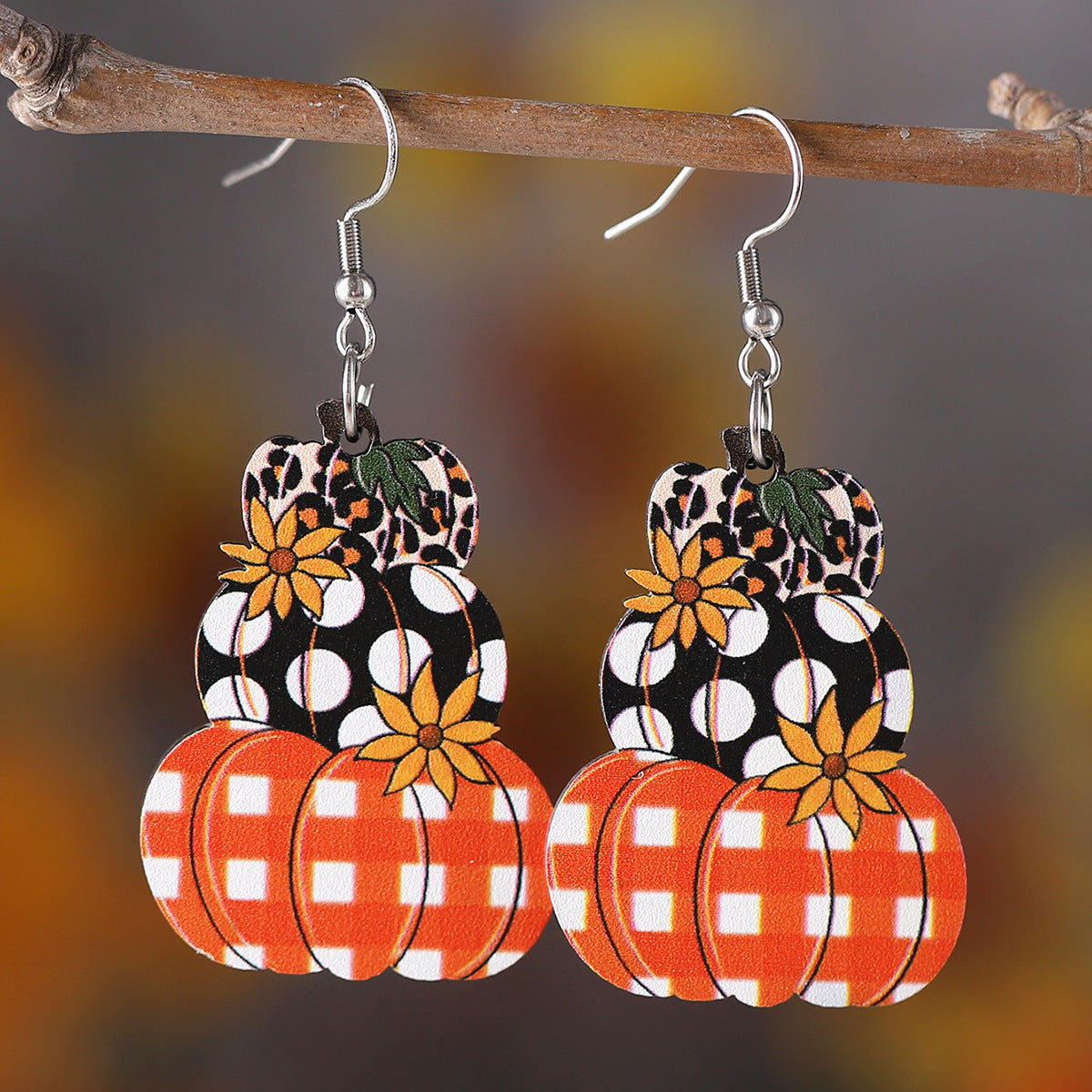 Wholesale Thanksgiving Wave Plaid Pumpkin Wooden Double-sided Earrings