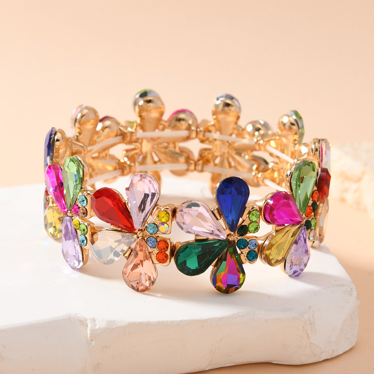 Wholesale Women S Elastic Stretch Bracelet With Golden White Glass Flower Gold Plated Zinc Alloy Dance Performance Party Jewelry Accessory Fashion Gift