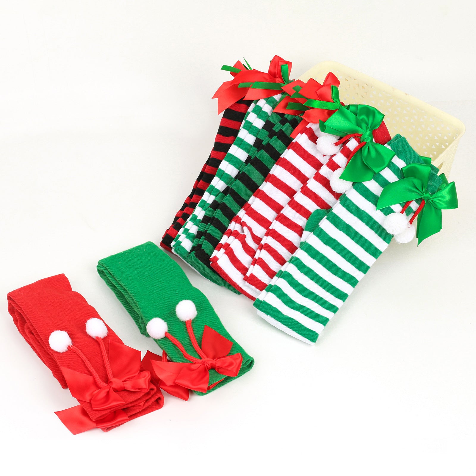 Wholesale Bow Christmas Ball Striped Over-the-Knee Socks