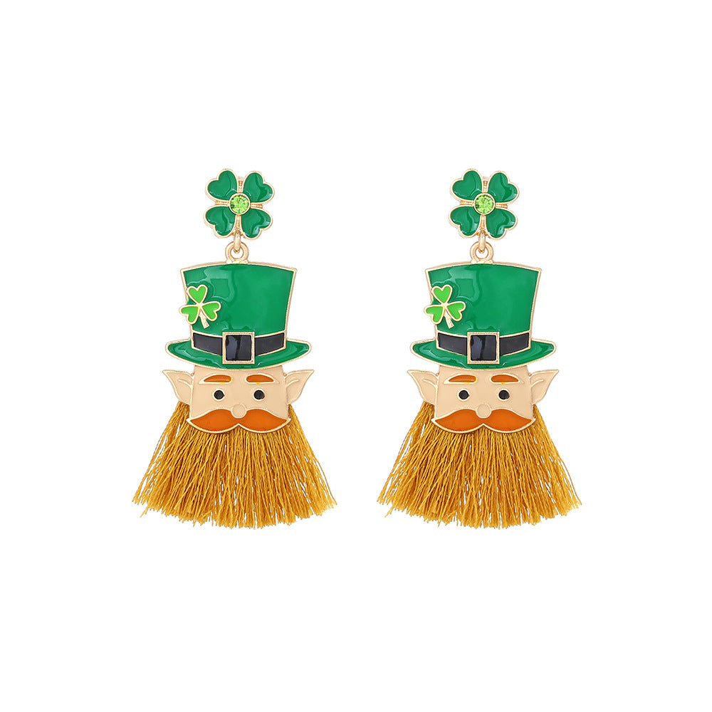 Wholesale St. Patrick's Clover Hat Beard Alloy Oil Drop Diamond Earrings