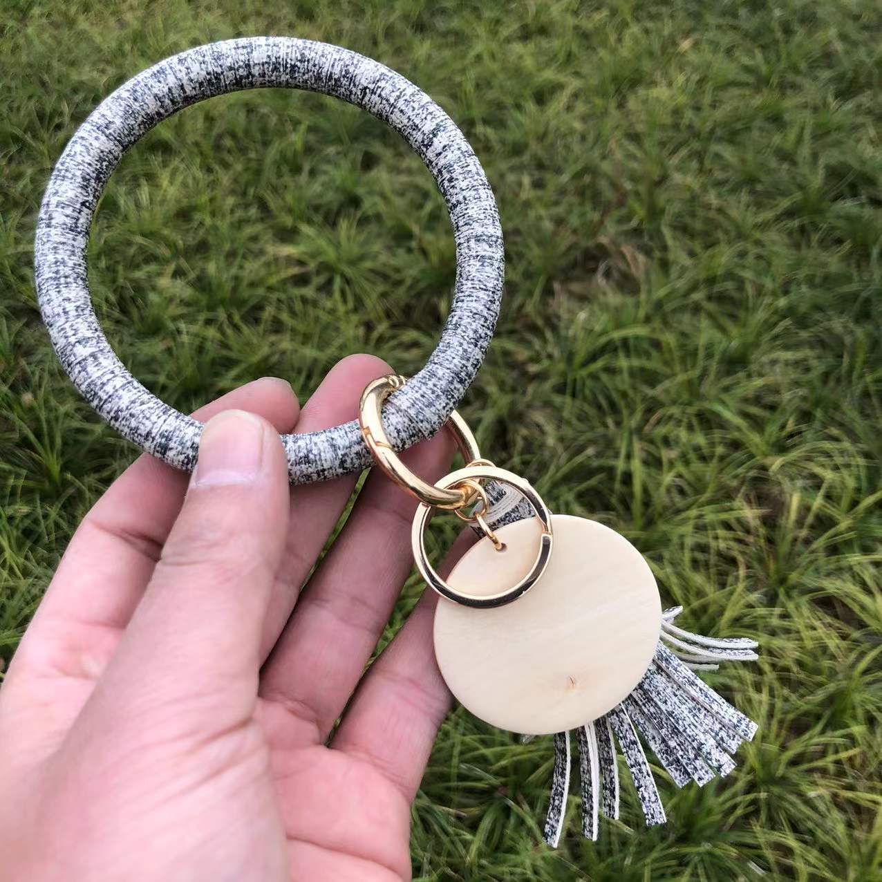 Wholesale Punk denim leather wristband tassel wooden pendant Wristlet Keychain